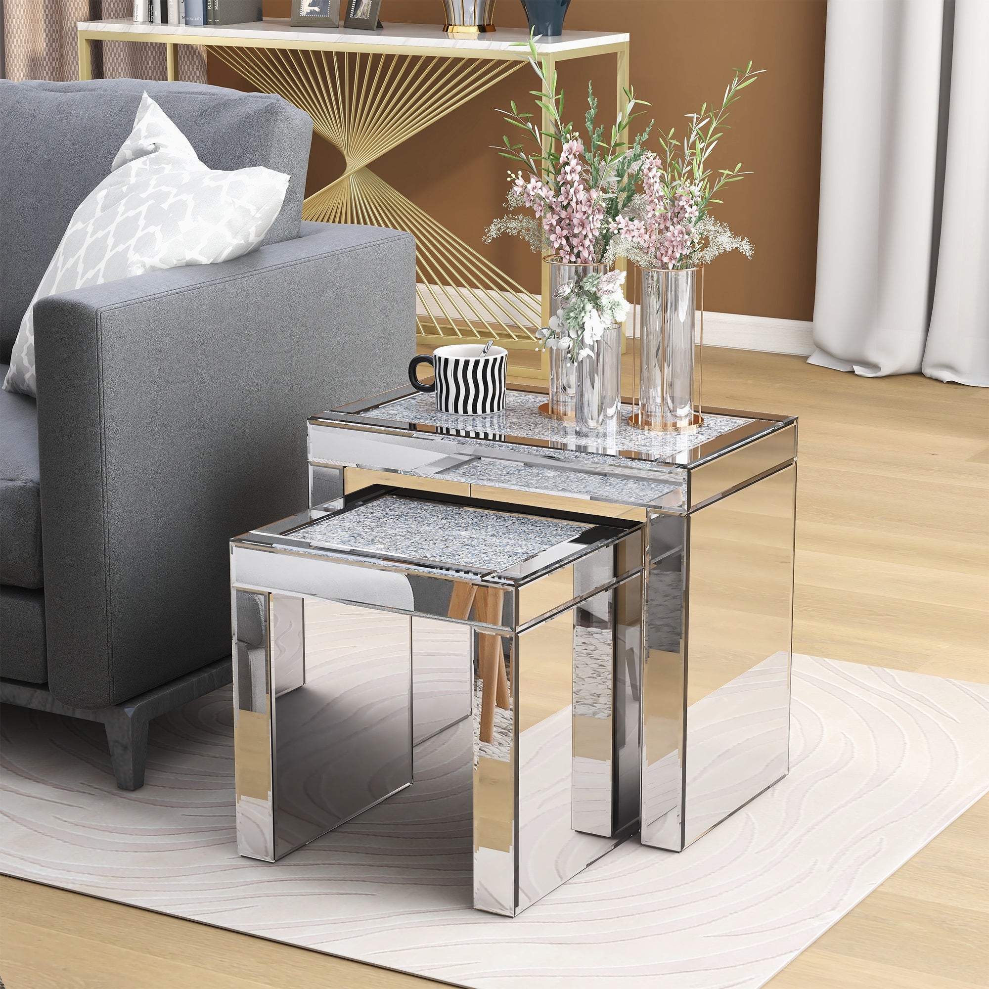 2pcs Mirrored Separated End Table Set Modern Side Table