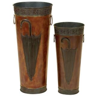 Litton Lane Brown Metal Umbrella Stand with Umbrella Image and Handles (Set of 2) 96571