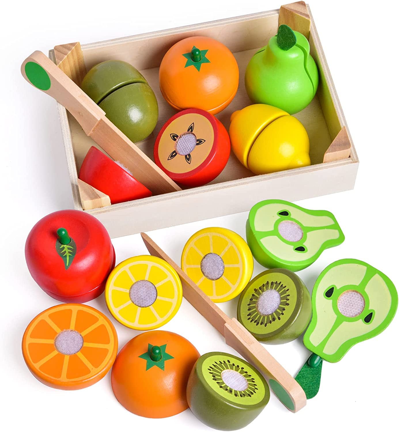 Fun Little Toys 11 Pcs Wooden Pretend Cutting Play Food Set,Early Education Toys,Fruits Slicers Playset for Toddlers,Briyhday,Xmas Gifts for Boys,Girls