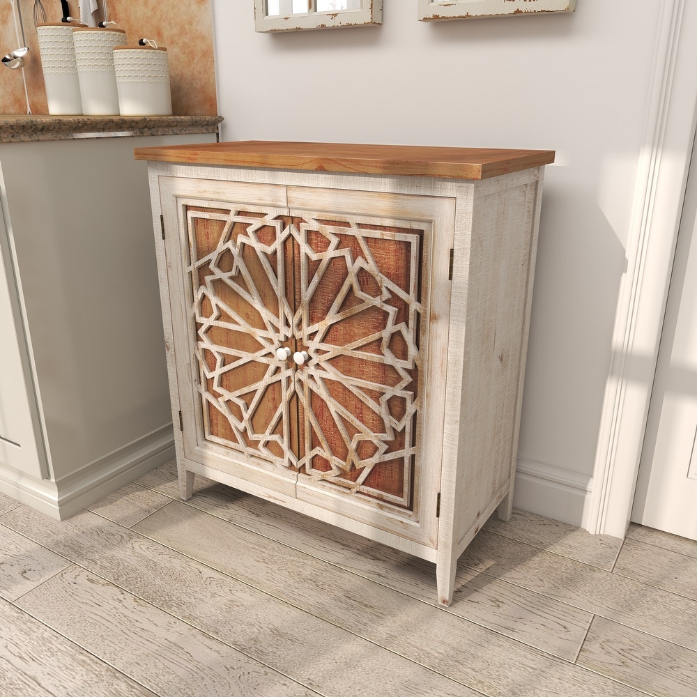 Brown Wood Farmhouse Cabinet with Carved Relief Overlay   14\