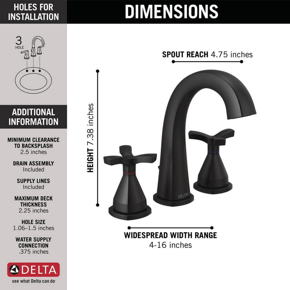 Delta Stryke 8 in Widespread 2Handle Bathroom Faucet with Metal Drain Assembly in Matte Black