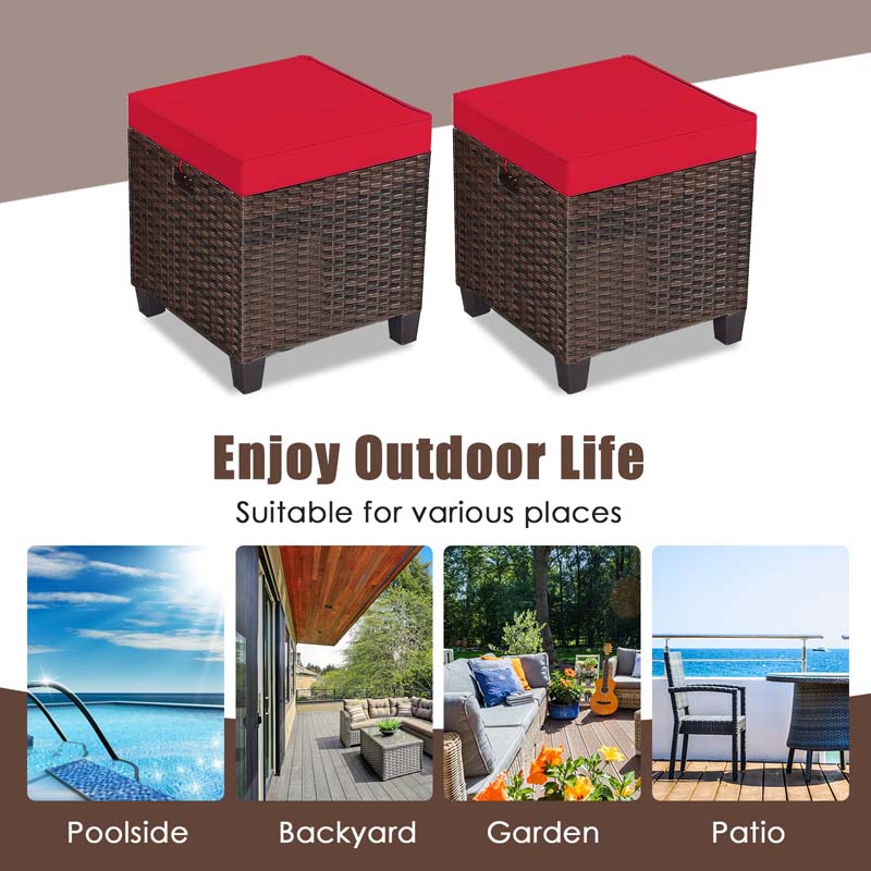 2 Pcs Rattan Patio Ottoman Set with Removable Cushions, All Weather Wicker Outdoor Footstool Footrest Seat