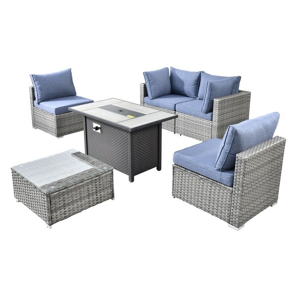 XIZZI Patio Furniture Set 6 Pieces Outdoor Sectional Rattan Sofa with Firepit