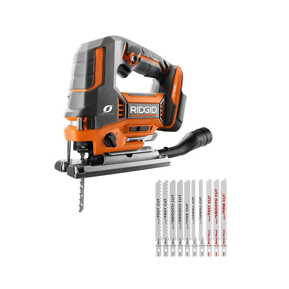 RIDGID 18V OCTANE Brushless Cordless Jig Saw (Tool Only) with All Purpose Jig Saw Blade Set (10-Piece) R8832B-A14AK101