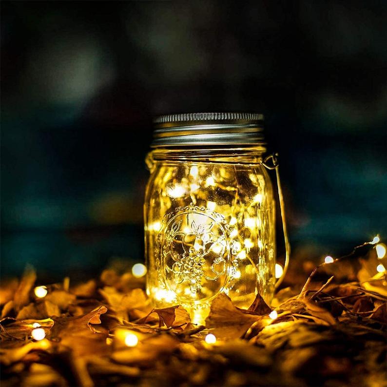 Outdoor Solar Garden Mason Jar Decor Lights With 20LED Fairy String Light Solar Hanging Lanterns for Yard Patio DIY Party Wedding Decoration (1 Piece)