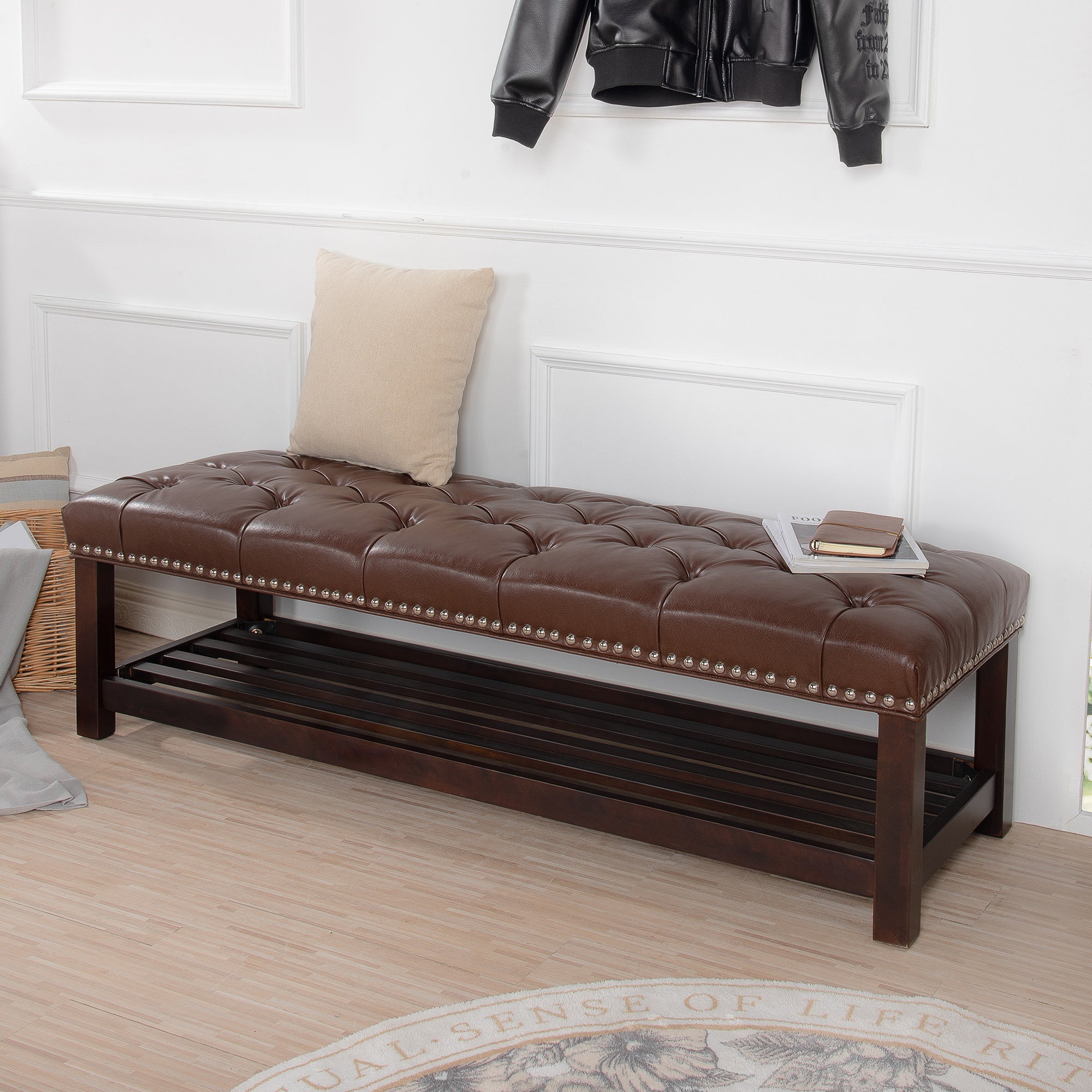 LANTRO JS Wooden Base Upholstered Bench for Bedroom for Entryway