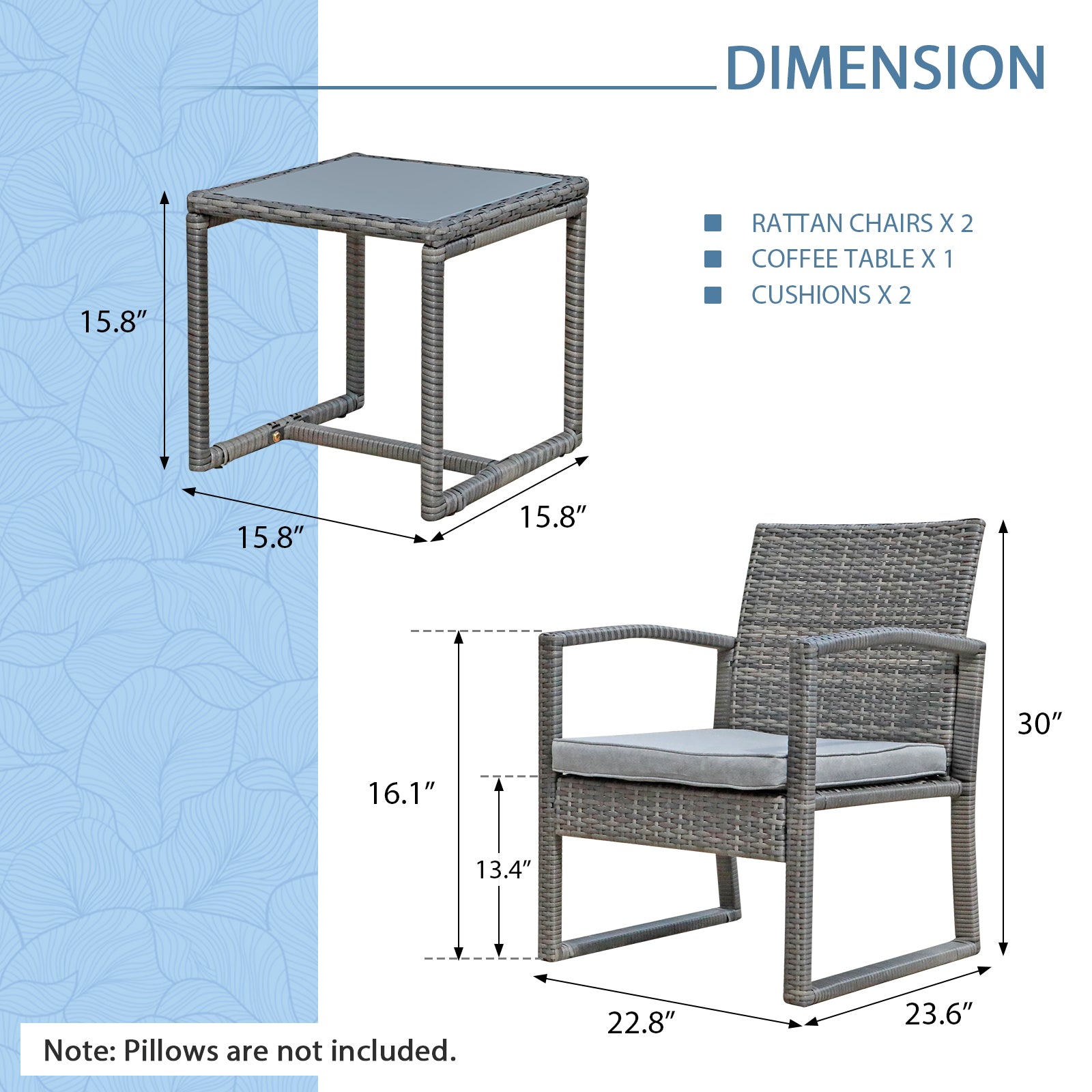 3 Pieces Patio Furniture Set, Outdoor Wicker Conversation Set, Patio Rattan Chair Set with Coffee Table, Modern Bistro Set for Garden Balcony Backyard Poolside, Light Grey