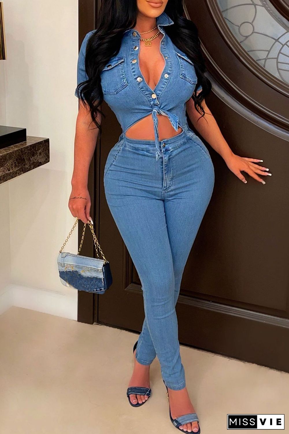 Deep Blue Casual Solid Hollowed Out Frenulum Turndown Collar Short Sleeve Skinny Denim Jumpsuits