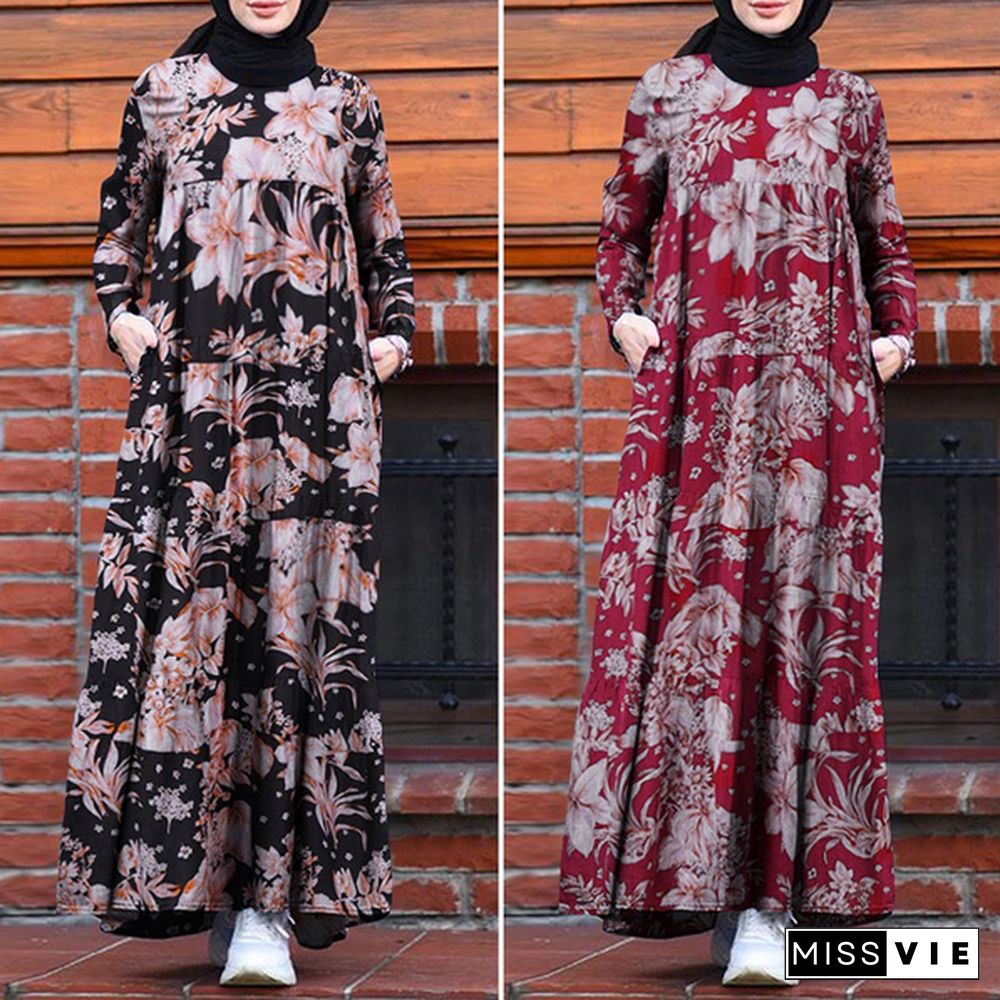 ZANZEA Women Floral Printed Autumn Muslim Kaftan Abaya Long Dress Bohemian Kaftan Baggy Maxi Dress Dubai Islam Flota