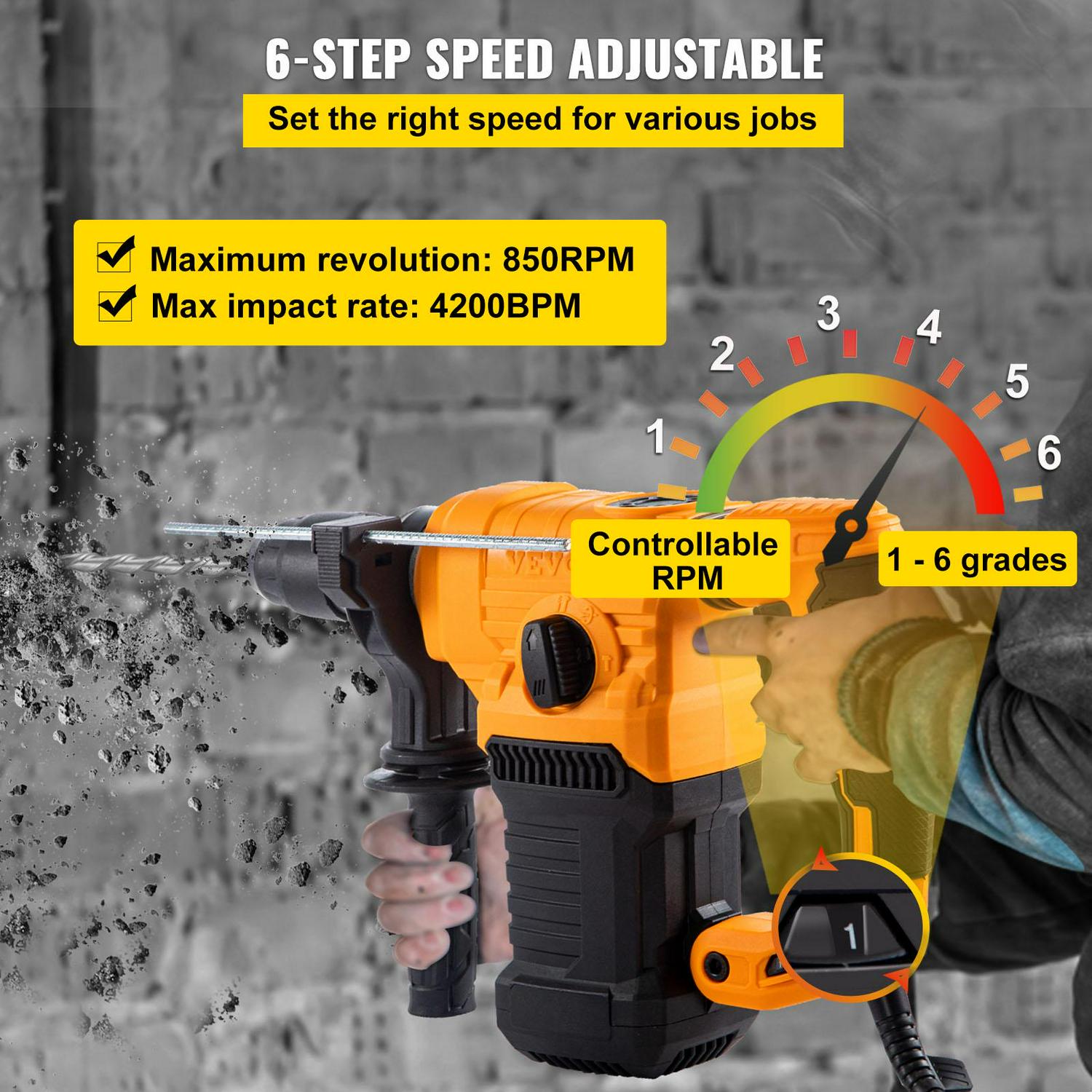 VEVOR 1 SDS Plus Rotary Hammer Drill ， 9.5A ， 1050W Electric Rotary Hammer Drill， 4 Modes Combination Rotary Hammer， 850RPM Cordless Rotary Hammer w/ Case， 110V Rotary Hammer Drill Ki