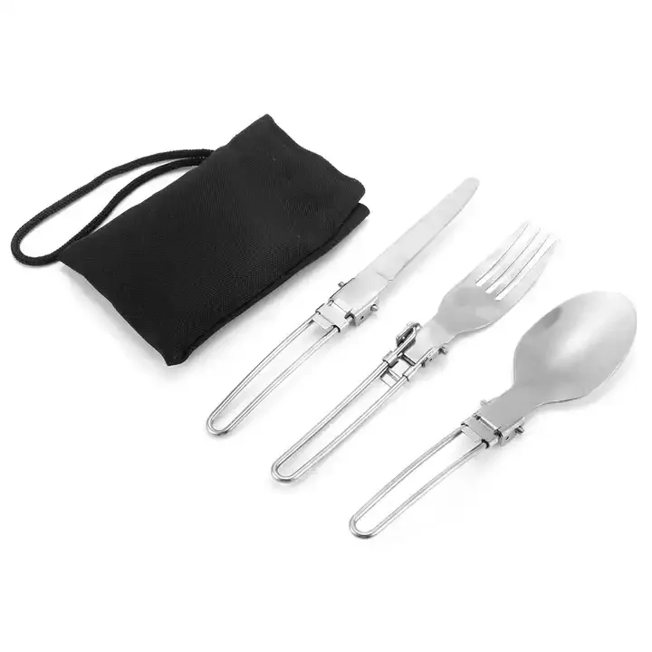 Stainless Steel Spoon Fork Knife with Folding Handle Ultralight Dinnerware Utensils for Outdoor Camping Picnic Hiking Home Use