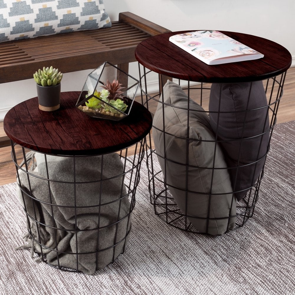 Nesting End Tables with Storage - Set of 2 Convertible Round Metal Storage Basket Base with Veneer Top (Cherry)