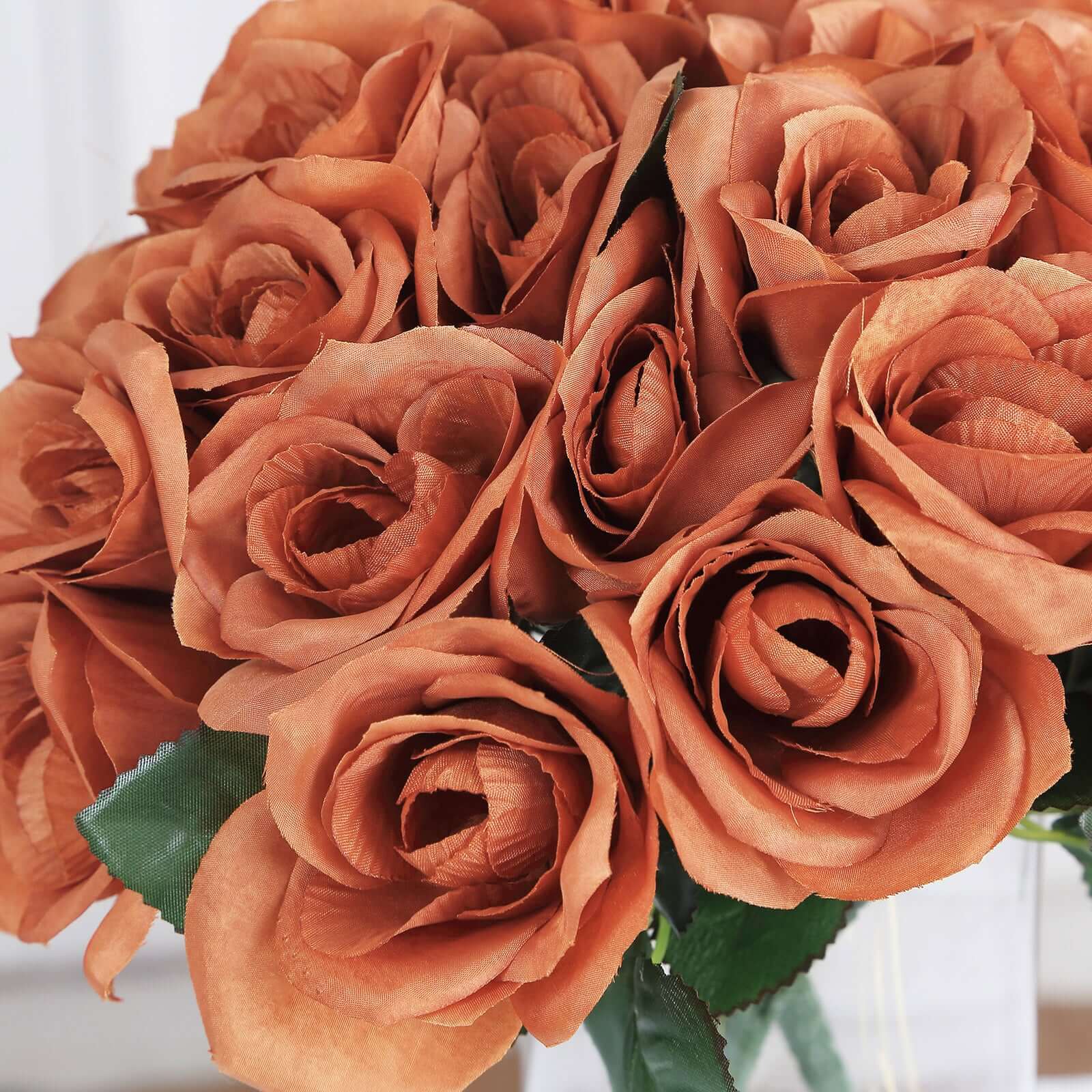 Terracotta (Rust) Artificial Velvet-Like Fabric Rose Flower Bouquet Bush 12