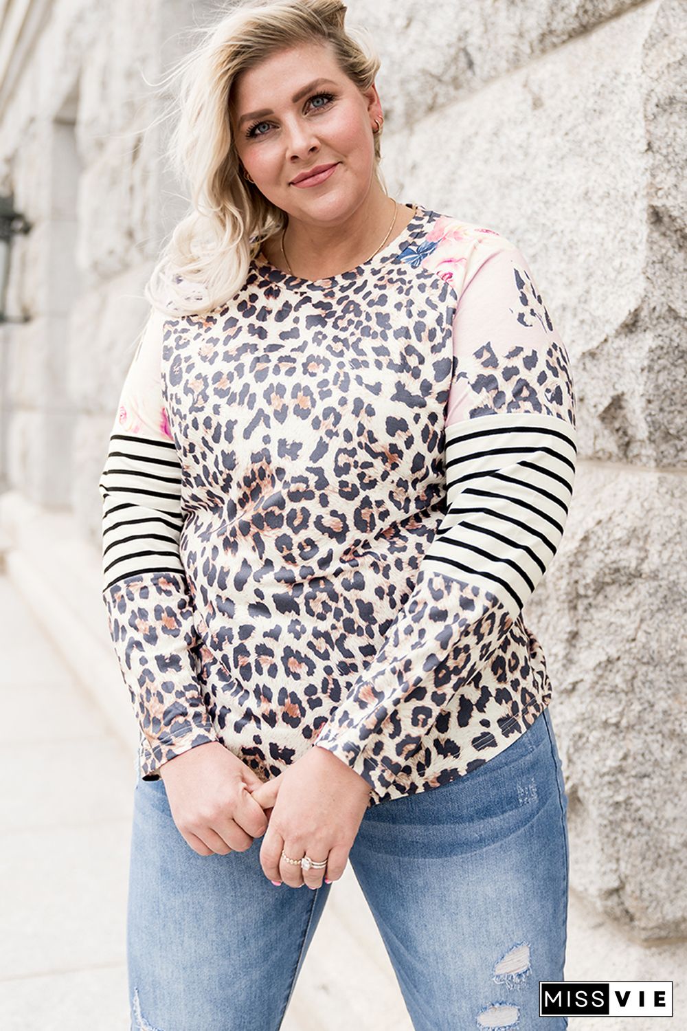 Plus Size Leopard Stripe Floral Patch Crew Neck Long Sleeve Top