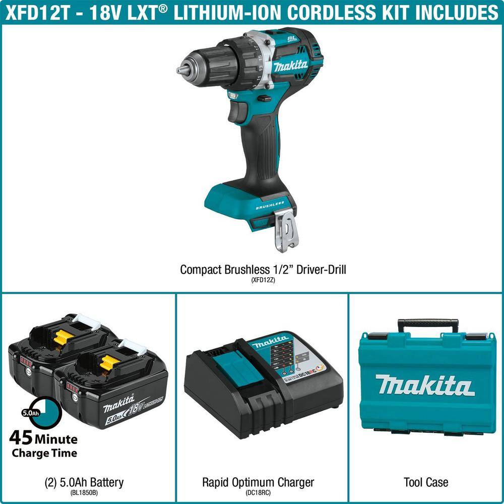 Makita 18V LXT Lithium-Ion Compact Brushless Cordless 12 in. Driver-Drill Kit with Two 5.0 Ah Batteries Charger Bag XFD12T