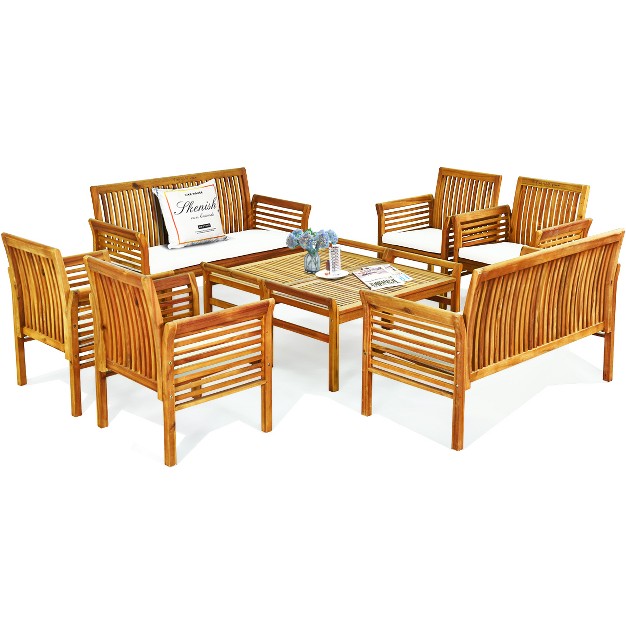 Tangkula 8 piece Patio Acacia Wood Sofa Set Conversation Table Chairs With Beige Cushions