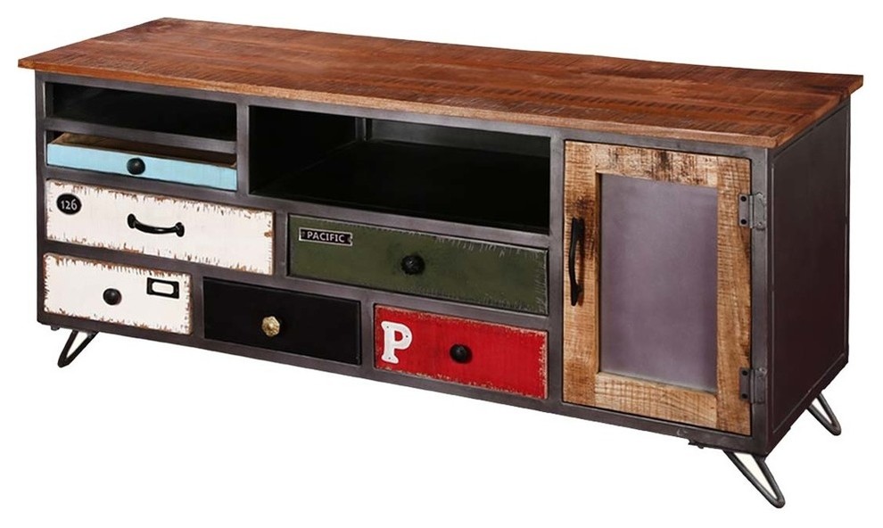 Industrial Pop Art Rustic Mango Wood  ampIron Accent Media Console   Industrial   Entertainment Centers And Tv Stands   by Sierra Living Concepts Inc  Houzz