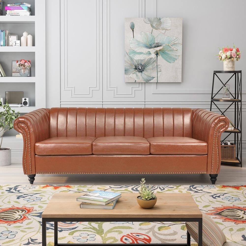 Modern PU Rolled Arm Chesterfield Three Seater Sofa