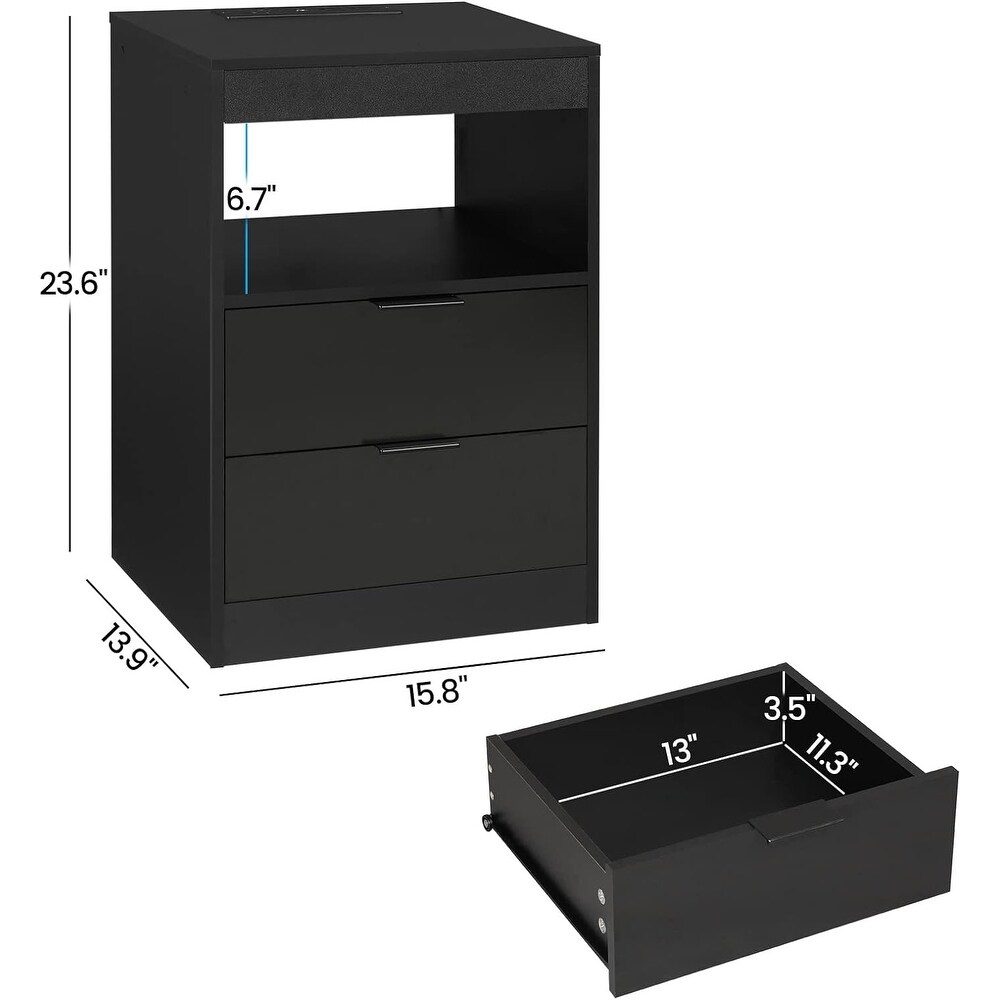 2 Drawers LED Nightstand End Table Wireless Charging Station