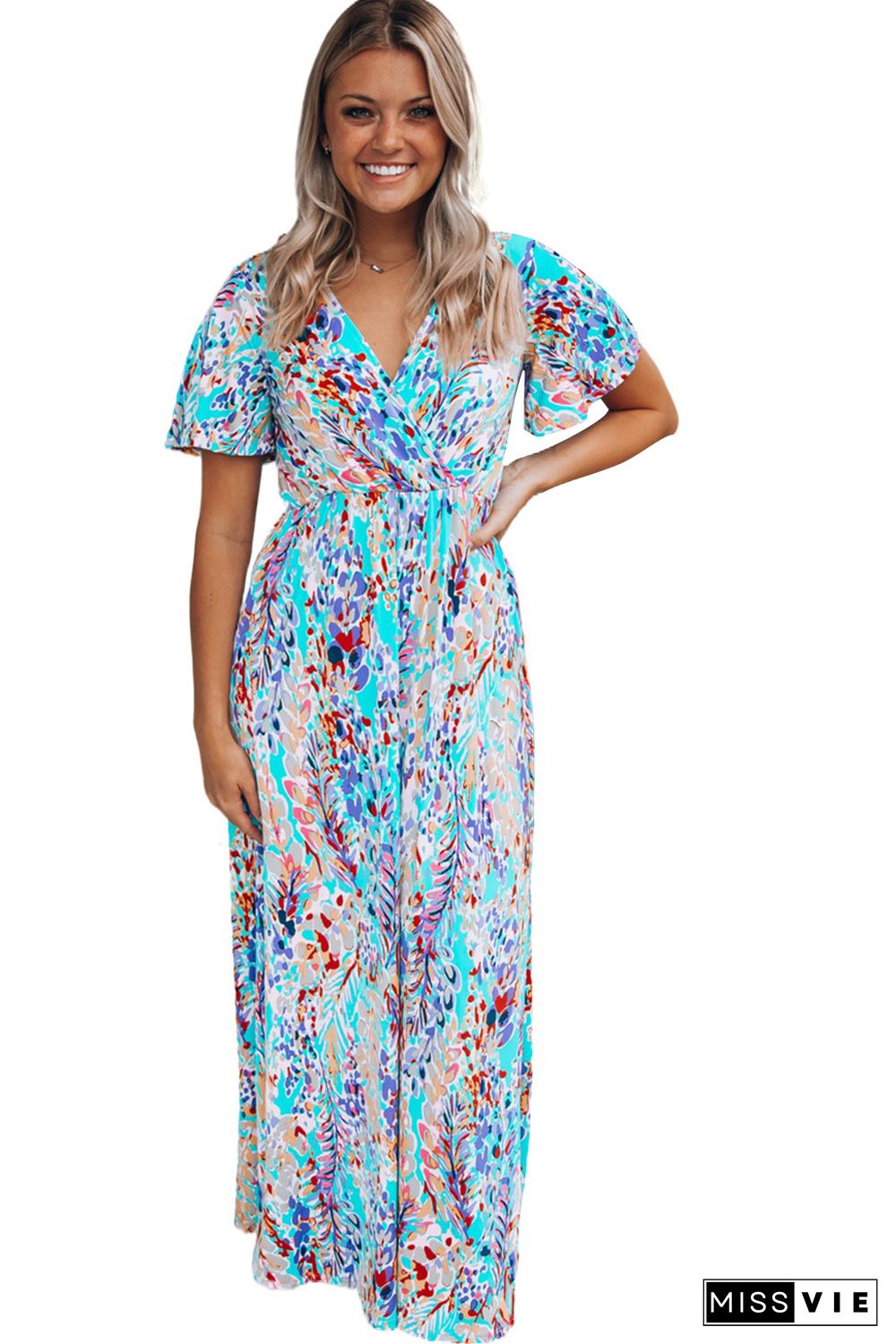 Green Wrap V Neck Floral Maxi Dress