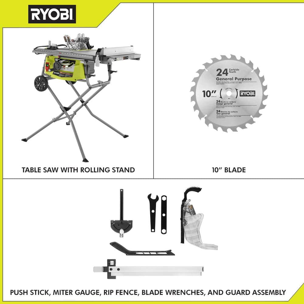 RYOBI 15 Amp 10 in. Expanded Capacity Portable Corded Table Saw With Rolling Stand RTS23