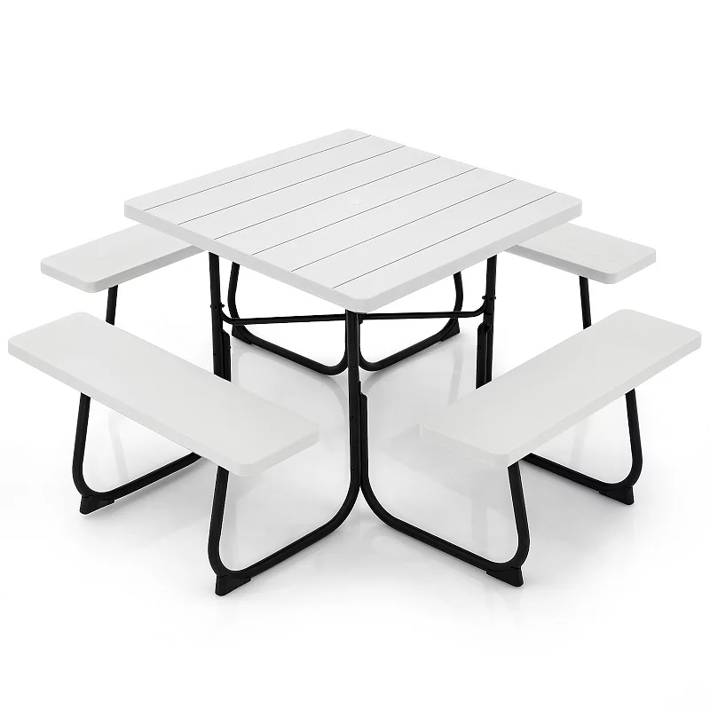 Outdoor Picnic Table With 4 Benches And Umbrella Hole