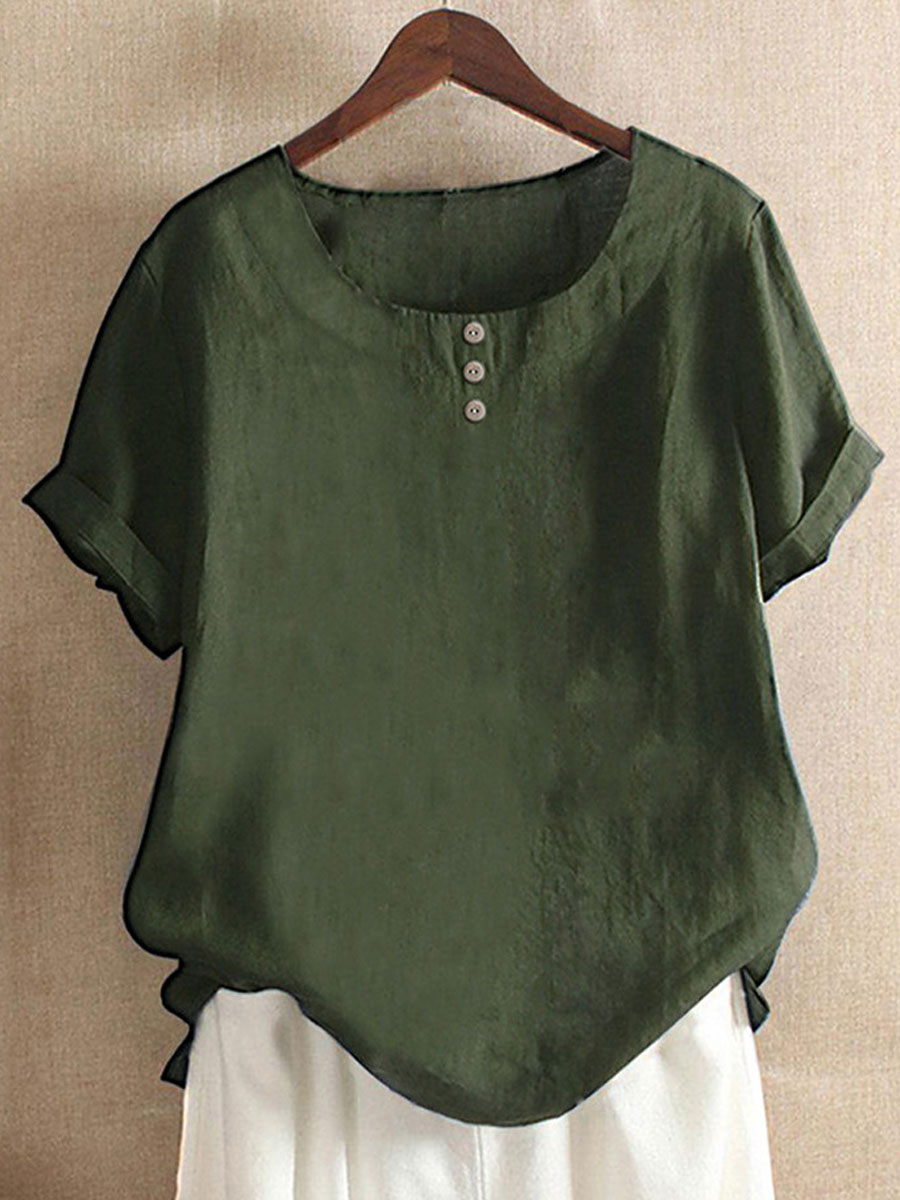 Round Neck Casual Loose Solid Color Summer Short-sleeved Blouse