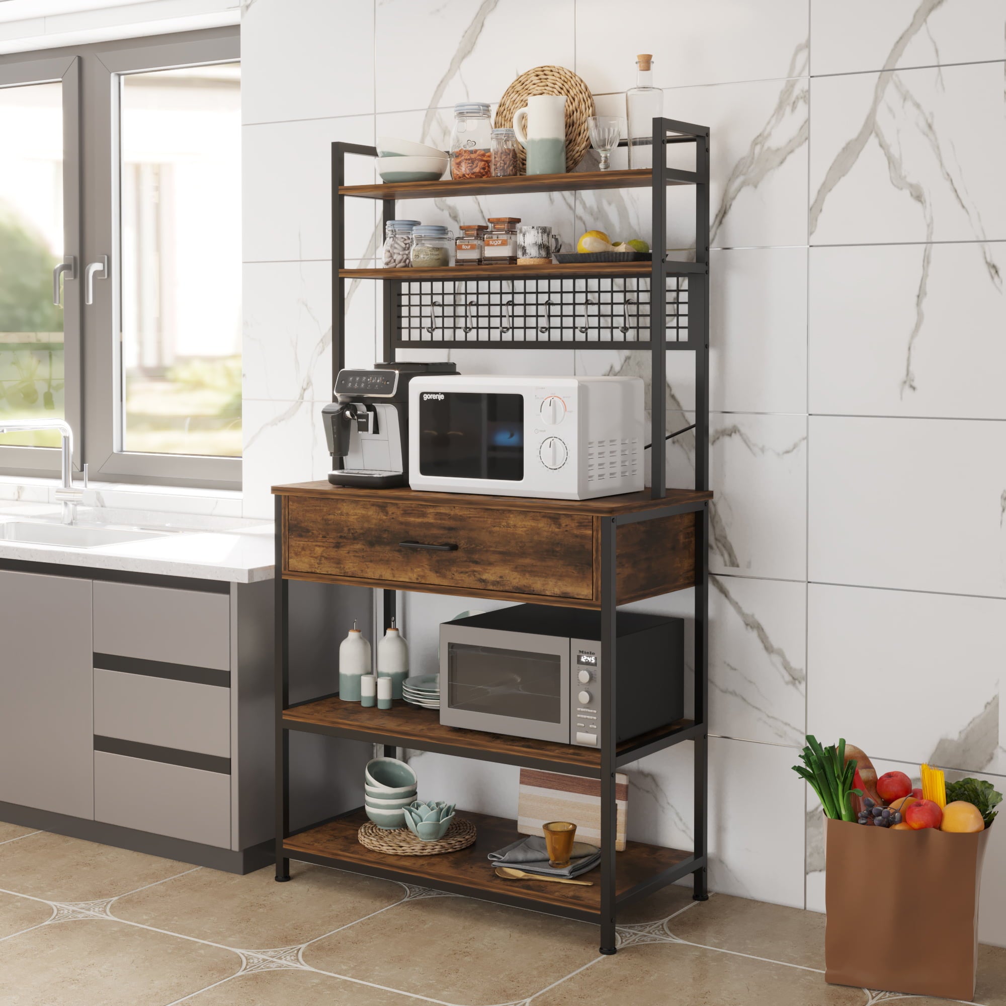 Zimtown 5 Tiers Bakers Rack Industrial Kitchen Island with Storage Drawer， Microwave Oven Cart Coffee Bar Stand W/ Shelf and 10 S-Hooks， Rustic Brown Finish