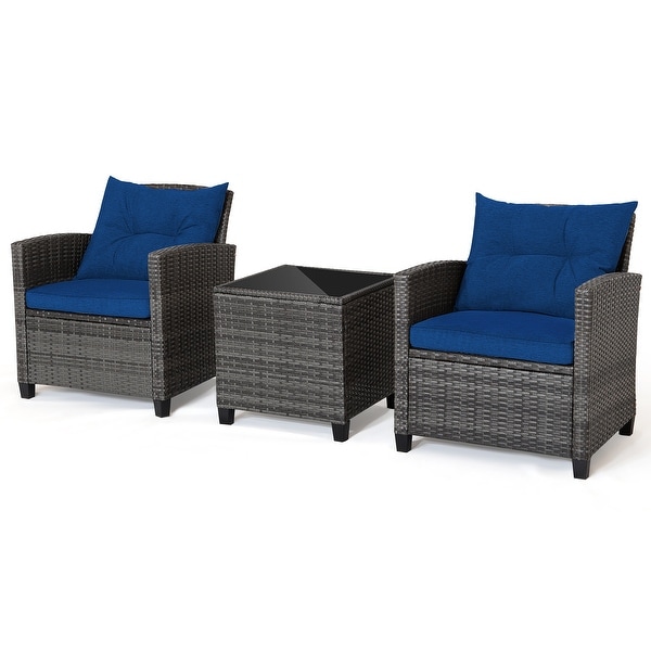 3Piece Outdoor Wicker Patio Furniture Set with Tempered Glass Coffee Table