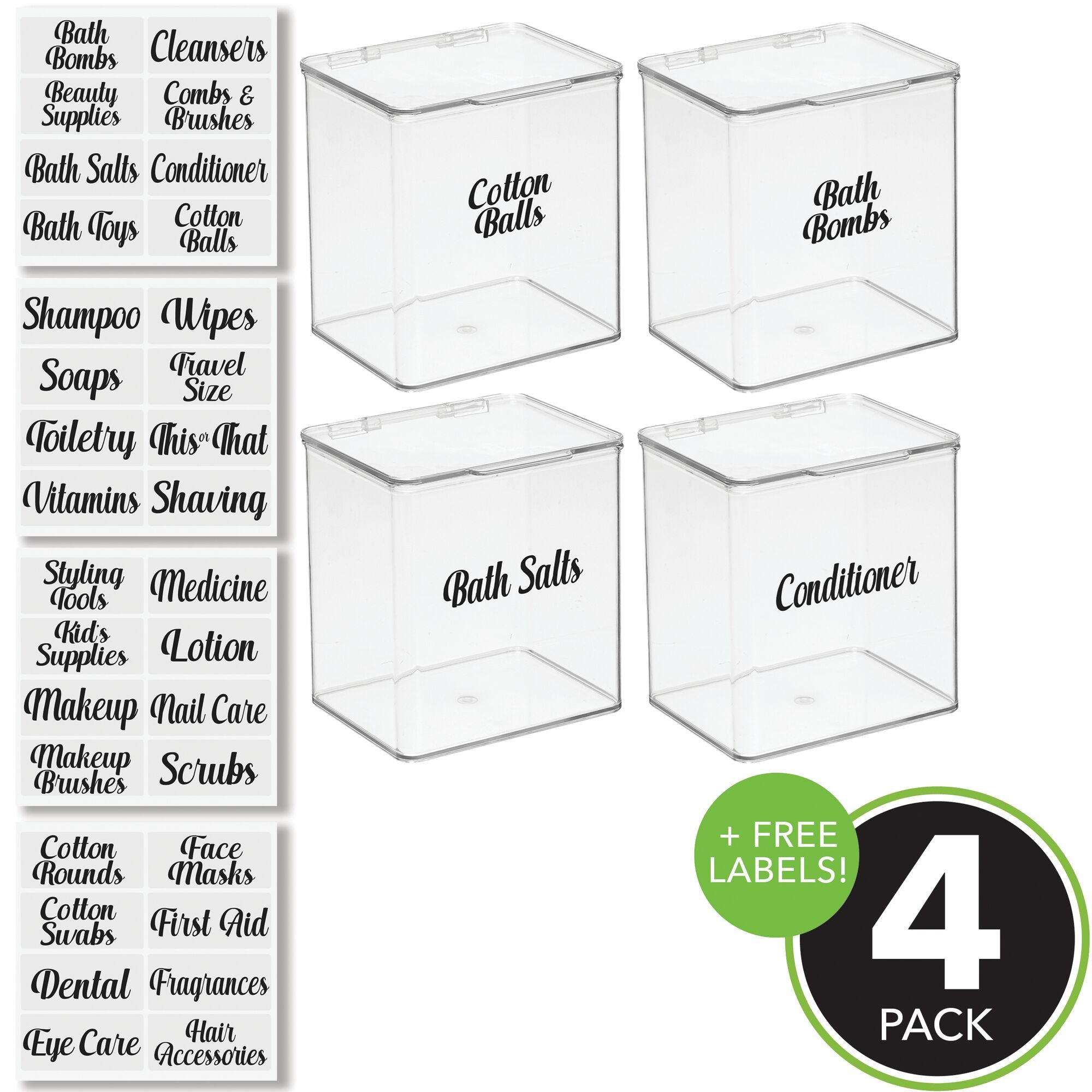 mDesign Stackable Plastic Storage Box with Hinged Lid - Organizer for Vitamins, Supplements, Essential Oils, Medicine, Bandages, First Aid Supplies - Pack of 4, Includes 32 Labels - Clear