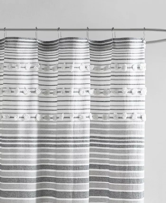 Urban Habitat Calum Cotton Yarn Dye Shower Curtain with Pom Poms 70 x 72