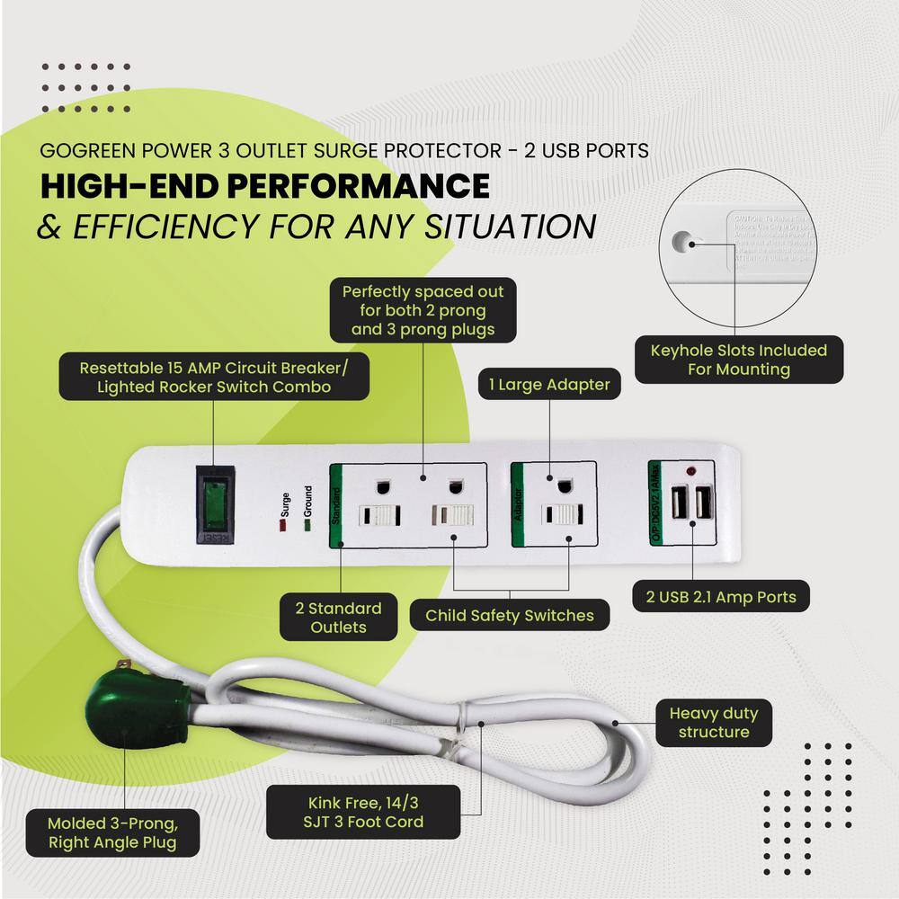 GoGreen Power 3 Outlets Surge Protector w 2 USB Ports GG-13103USB