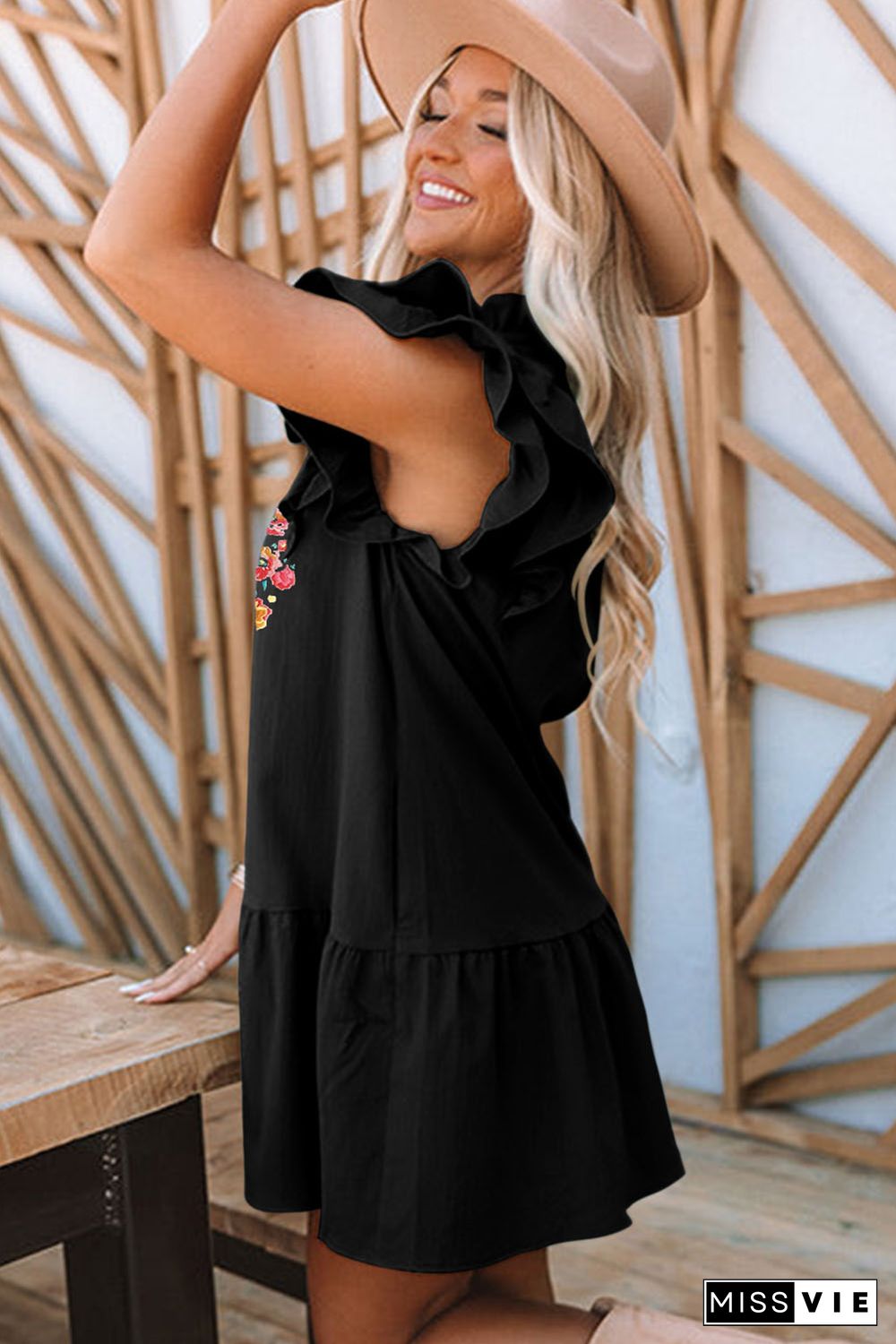 Black Floral Embroidered Ruffle Sleeve Shift Dress