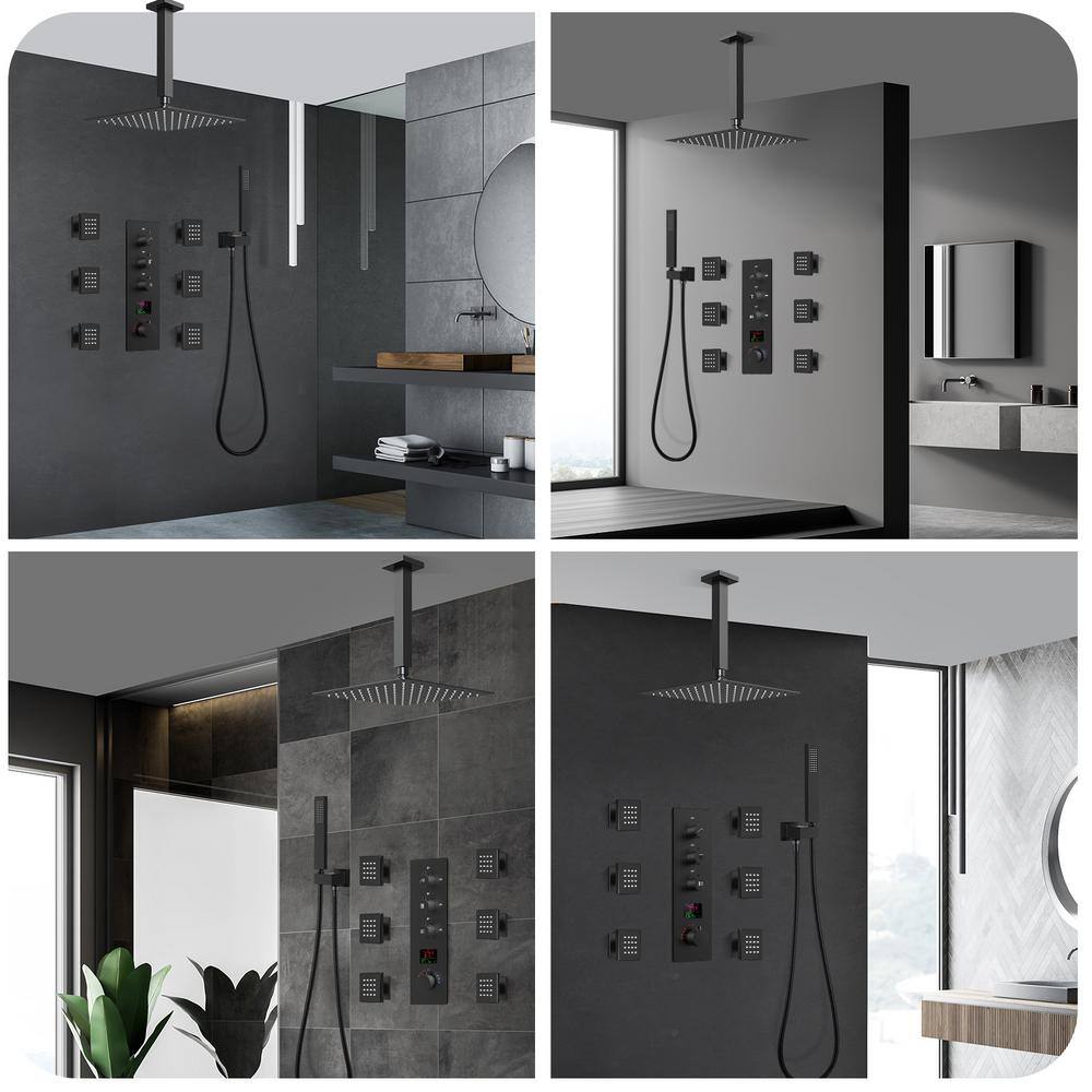 CRANACH 7-Spray Patterns 12 in. Dual Shower Head Ceiling Mount and Handheld Shower Head 2.5 GPM in Matte Black SRSFS-1026-BK12