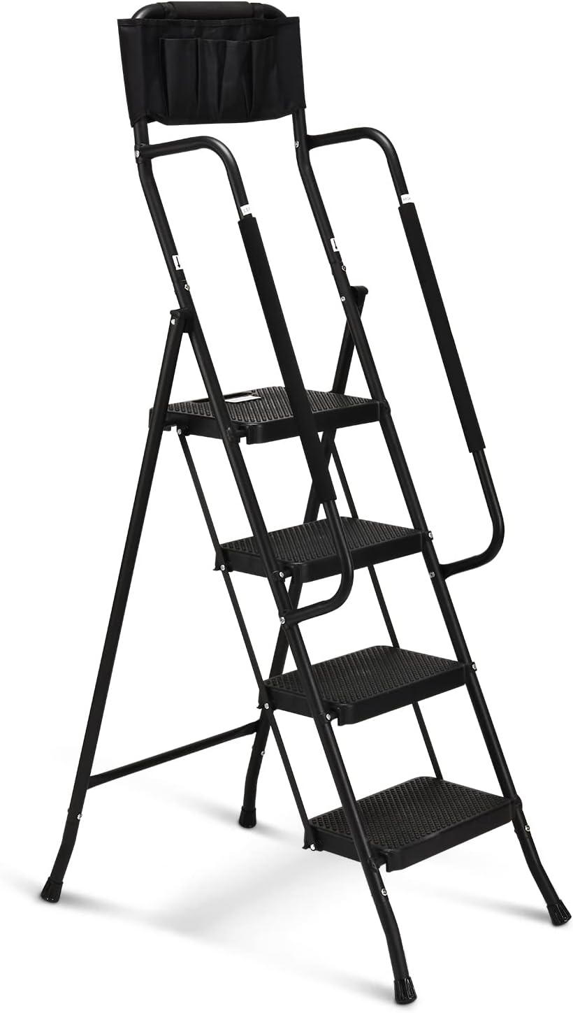 3 Step Ladder, Folding Step Stool with Wide Anti-Slip Pedal, 500lbs Sturdy Steel Ladder, Convenient Handgrip, Lightweight, Portable Steel Step Stool, Black