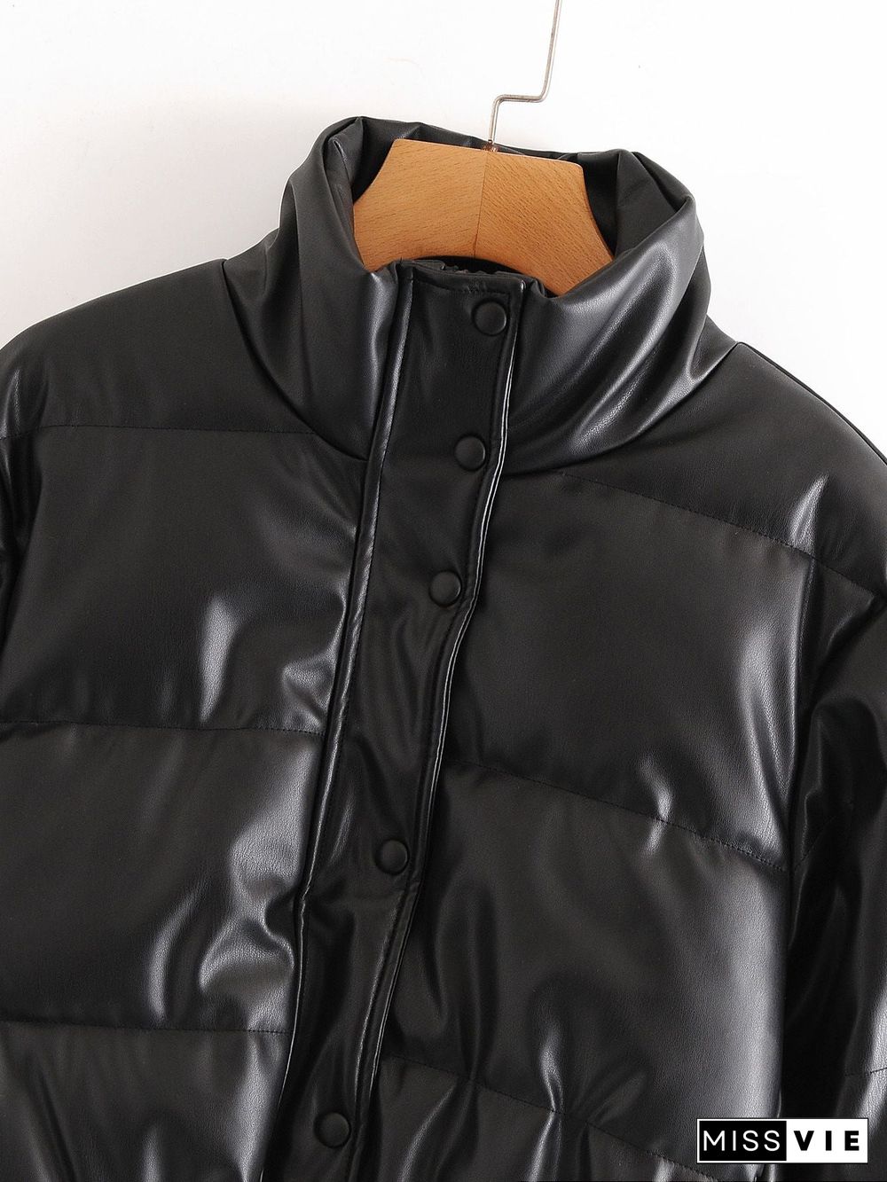 Water Repellent Faux Leather Cotton Padded Waxed Puffer Jacket