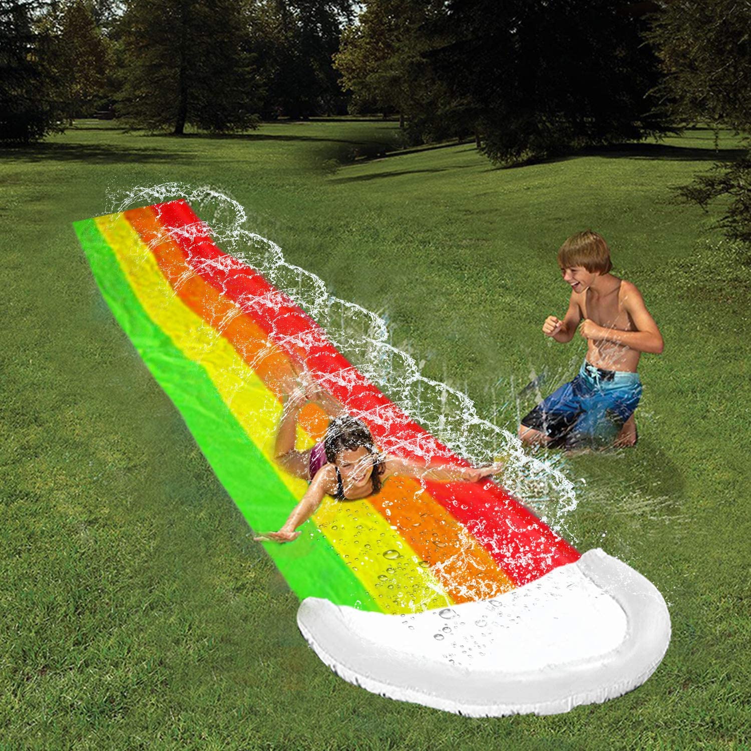 Intera 14 FT Lawn Water Slides, Rainbow Slip Slide Play Center with Splash Sprinkler and Inflatable Crash Pad for Kids Children Summer Backyard Swimming Pool Games Outdoor Water Toys