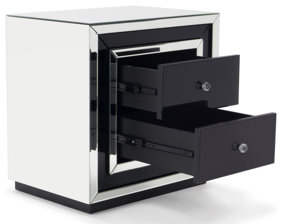 Modern Malibu Side Table Clear Smoked Black Mirrored Finish 2 Drawers   Contemporary   Accent Chests And Cabinets   by Zuri Furniture  Houzz