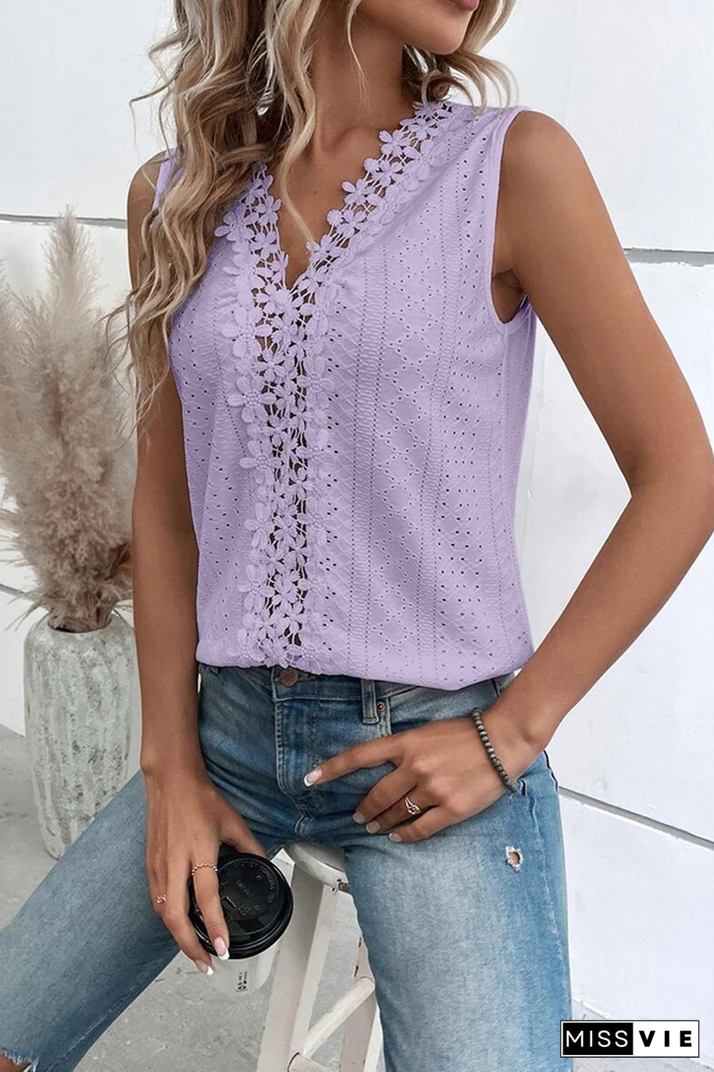 V Neck Jacquard Eyelet Tank Top