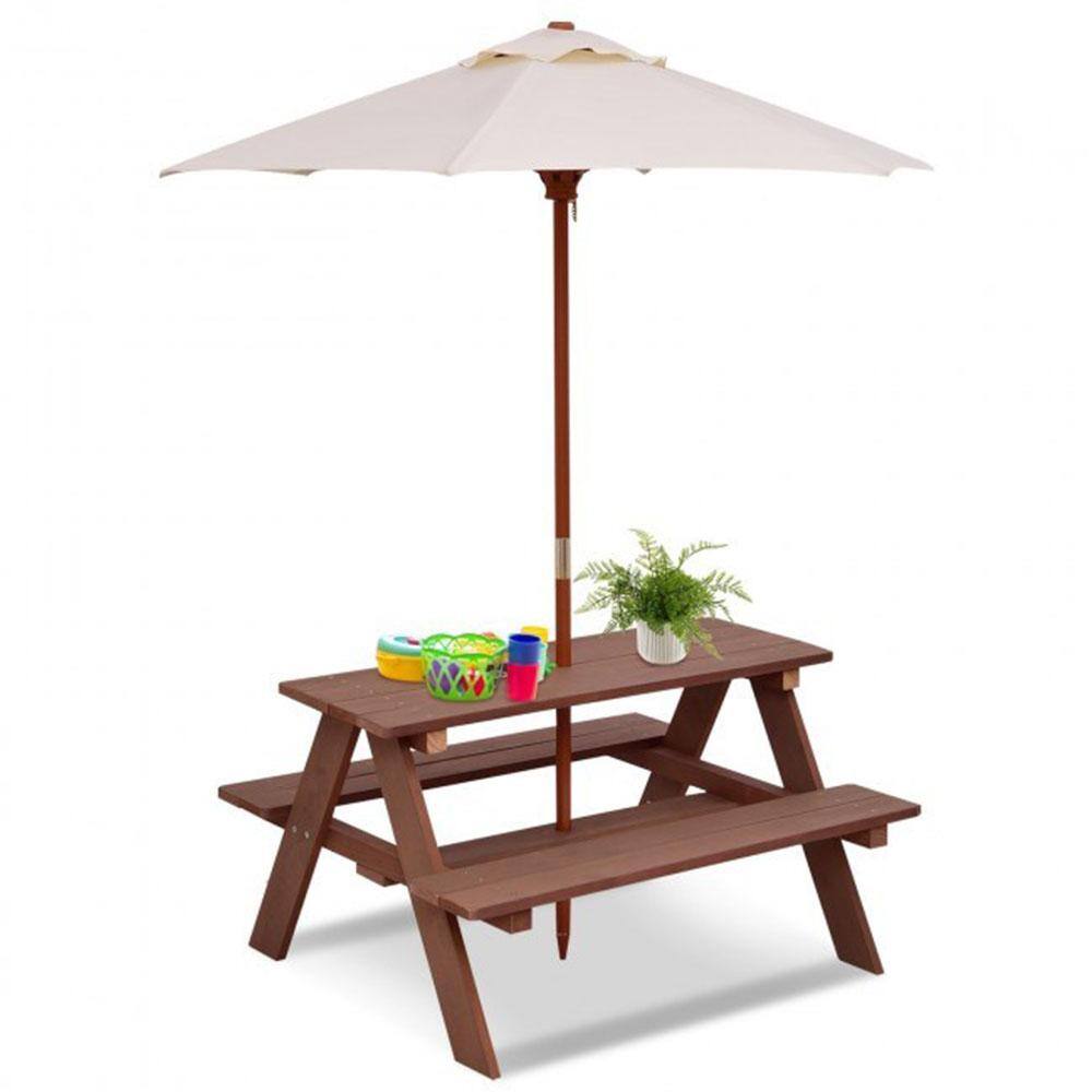 Cisvio Outdoor 4-Seat Kid's Wood Picnic Table Bench with Umbrella Outdoor Camping Table Bench Set for Garden Backyard Patio D0102HAS4WY