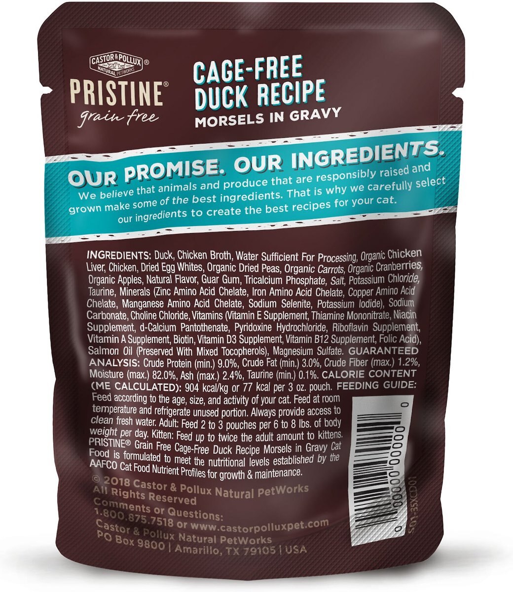 Castor and Pollux Pristine Grain-Free Cage-Free Duck Recipe Morsels in Gravy Cat Food Pouches