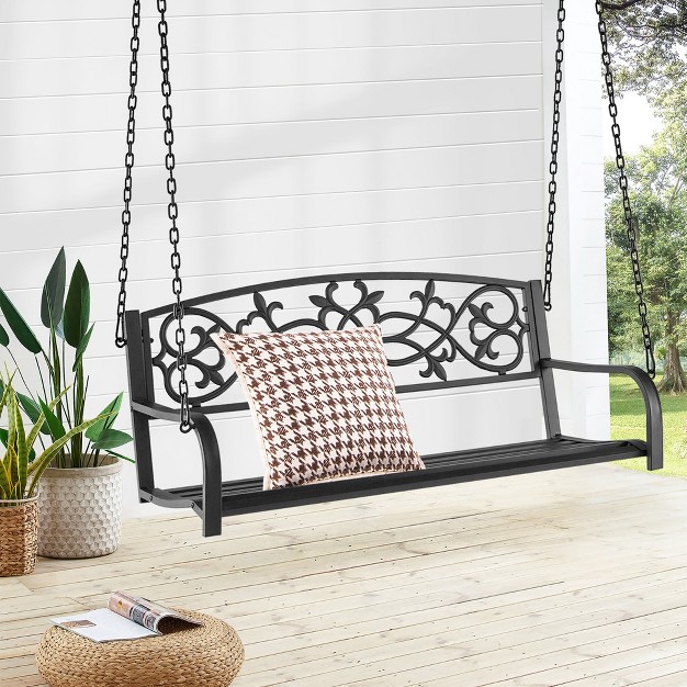 Costway 2 person Metal Outdoor Porch Swing Hanging Patio Bench 485 Lbs Capacity Black brown