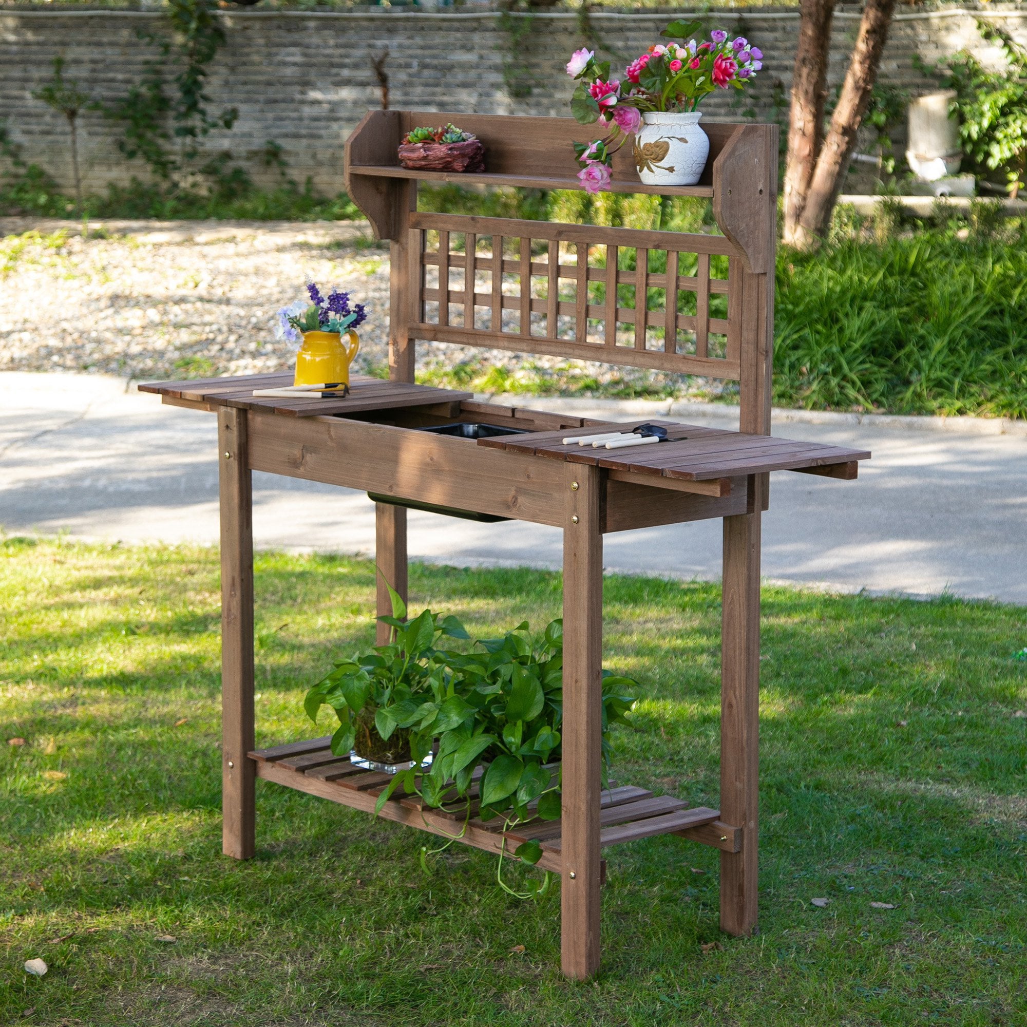 Walmeck 39'' x 18'' x 55'' Wood Garden Potting Work Table with Hidden Storage, Sink Basin, & Below Clapboard - Brown