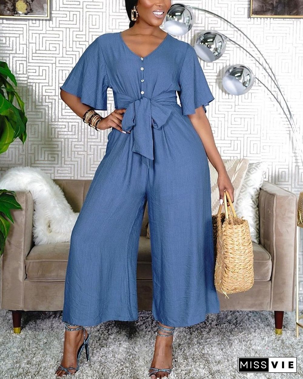 Solid Short Sleeve Lace-up Wide Leg Jumpsuit