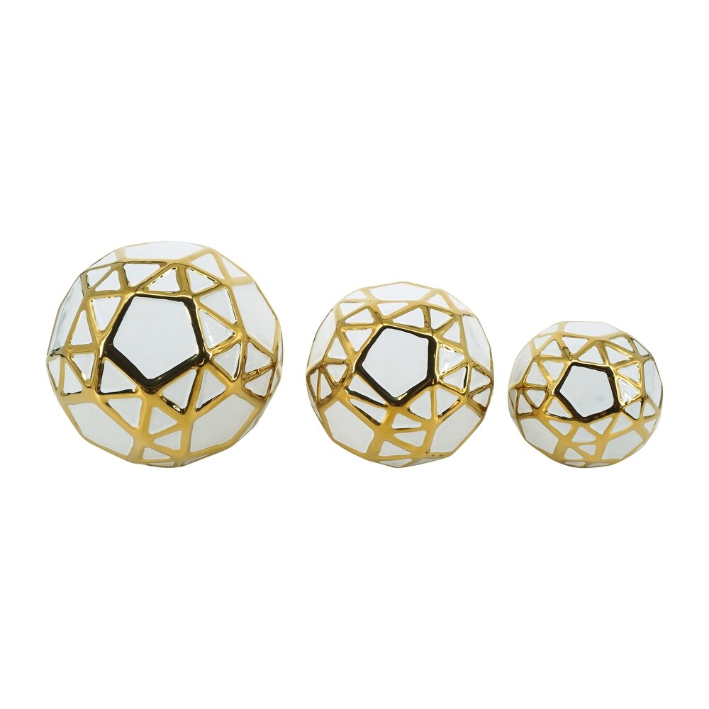 Set of 3 Decorative Orbs Contemporary White and Gold Round Orb Decor Ceramic Home or Office Table Decoration Home   6\