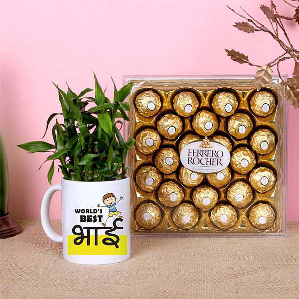 2 Layer Lucky Bamboo with Printed Mug and Chocolates for Best Brother