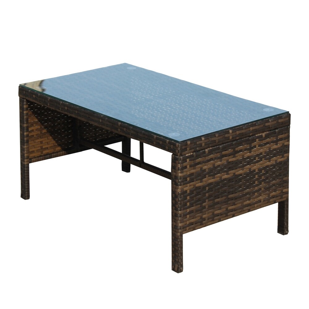 Outdoor Brown Wicker Coffee Table with Clear Tempered Glass