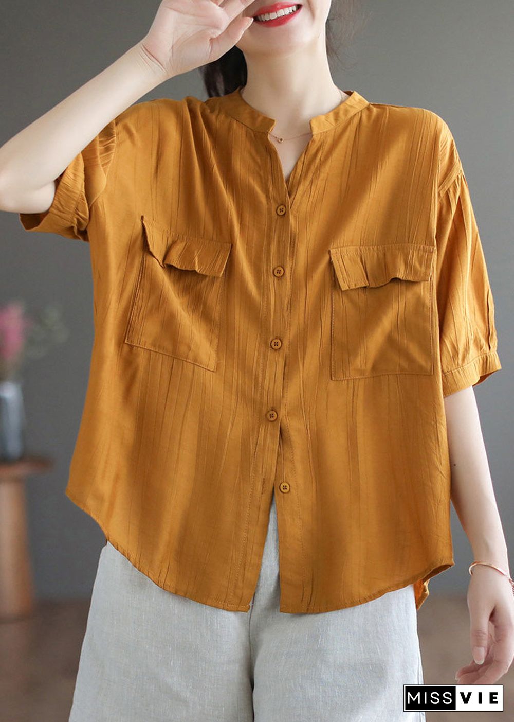 Italian Yellow V Neck Patchwork Button Solid Cotton Shirt Short Sleeve