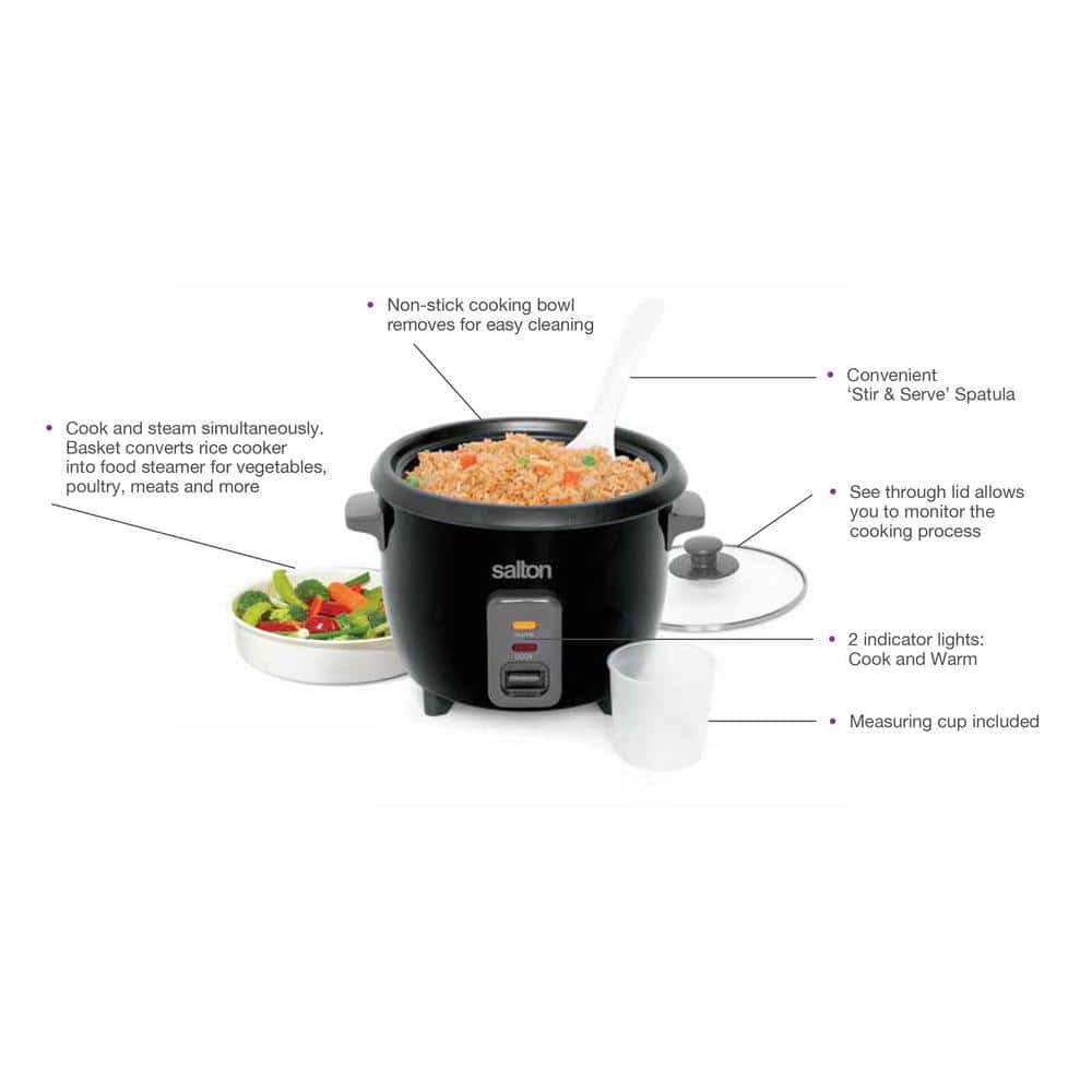 Salton 6-Cup Black Automatic Rice Cooker and Steamer with Non-Stick Bowl RC1653