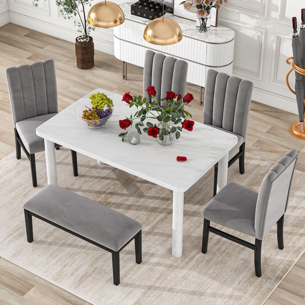 6 Piece Dining Table Set with Marble Veneer Table and 4 Upholstered Chairs   Bench